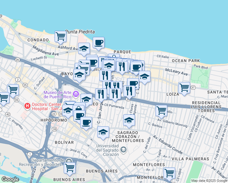 map of restaurants, bars, coffee shops, grocery stores, and more near in San Juan