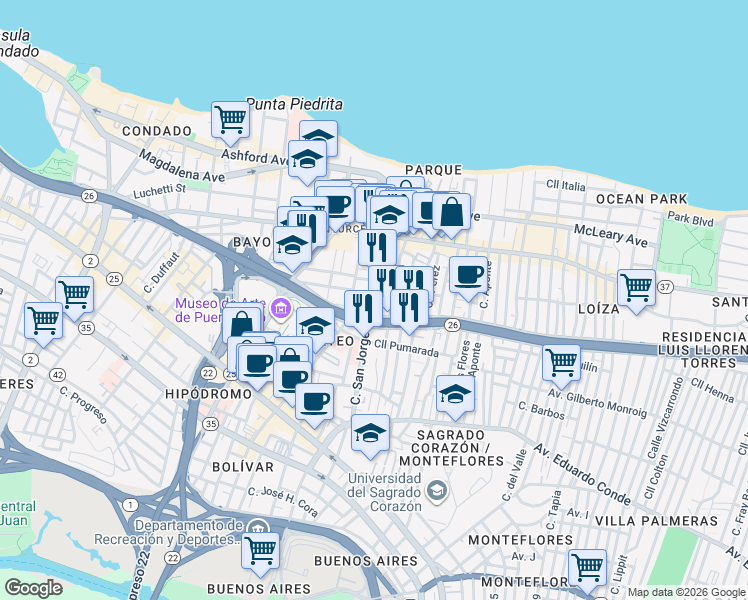 map of restaurants, bars, coffee shops, grocery stores, and more near 201 Calle San Jorge in San Juan