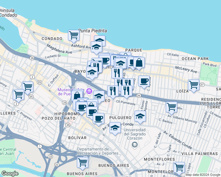 map of restaurants, bars, coffee shops, grocery stores, and more near 201 Calle San Jorge in San Juan