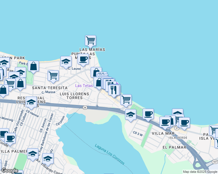 map of restaurants, bars, coffee shops, grocery stores, and more near 3103 Avenida Isla Verde in Carolina