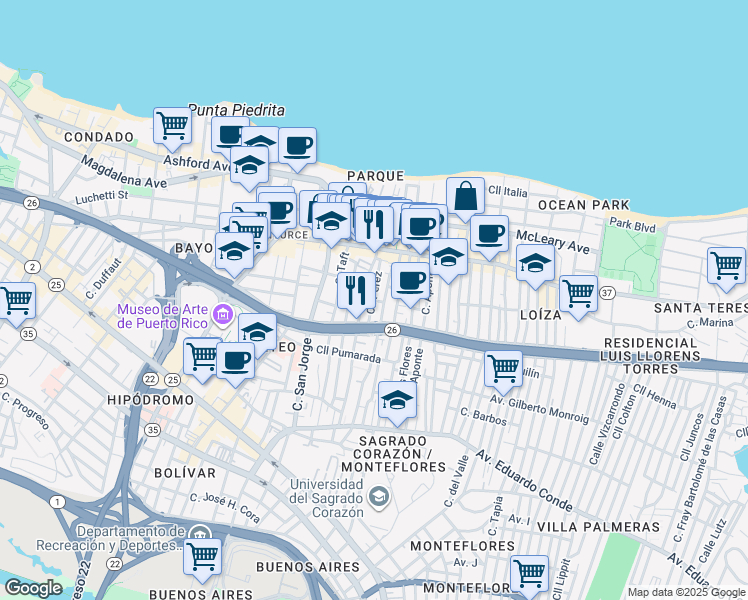 map of restaurants, bars, coffee shops, grocery stores, and more near 149 Calle Pérez in San Juan
