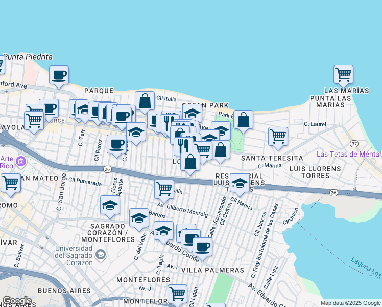 map of restaurants, bars, coffee shops, grocery stores, and more near 101-115 Calle Degetau in San Juan