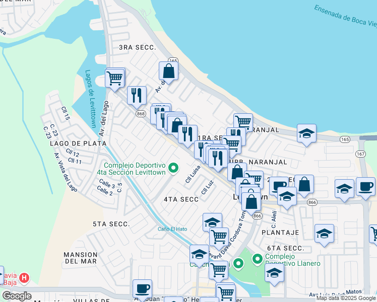 map of restaurants, bars, coffee shops, grocery stores, and more near Boulevard Levittown in Toa Baja