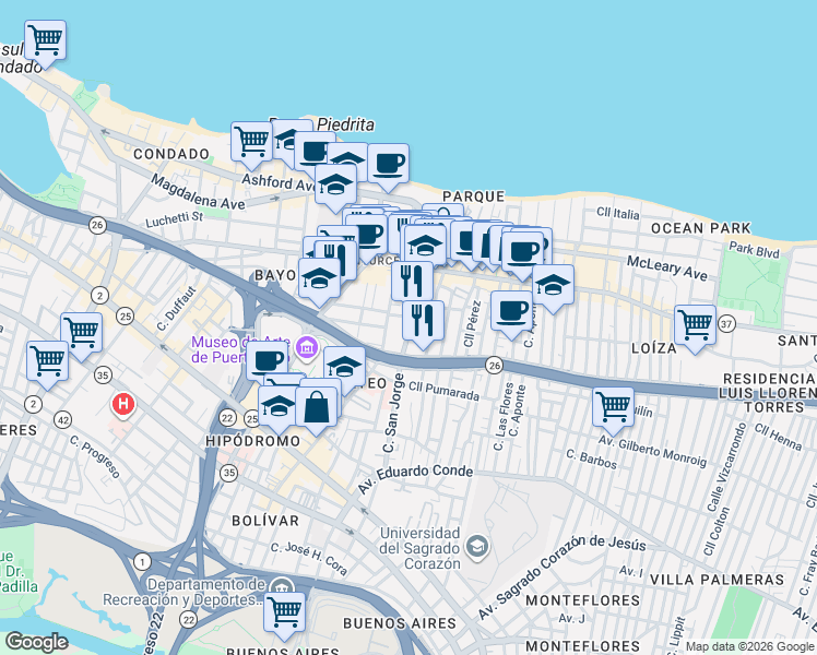 map of restaurants, bars, coffee shops, grocery stores, and more near 167 Calle del Parque in San Juan