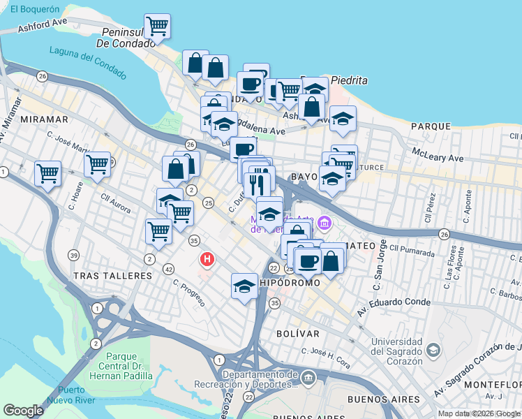 map of restaurants, bars, coffee shops, grocery stores, and more near in San Juan