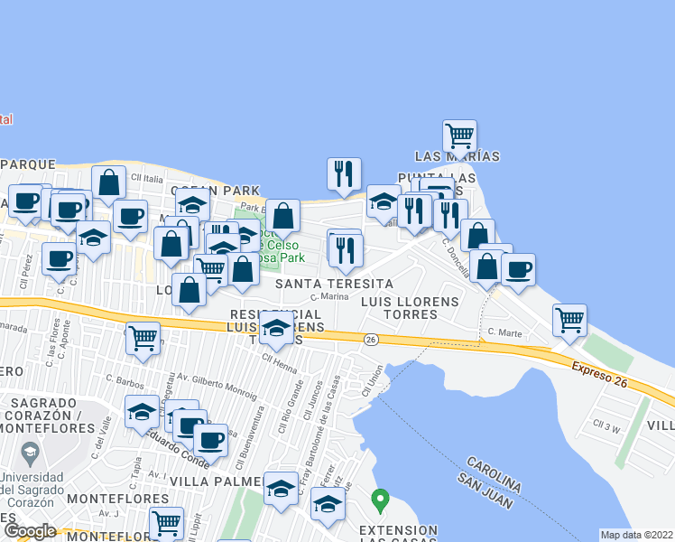 map of restaurants, bars, coffee shops, grocery stores, and more near 2203-2219 Calle McLeary in San Juan