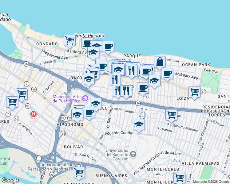 map of restaurants, bars, coffee shops, grocery stores, and more near 154-160 Calle Taft in San Juan