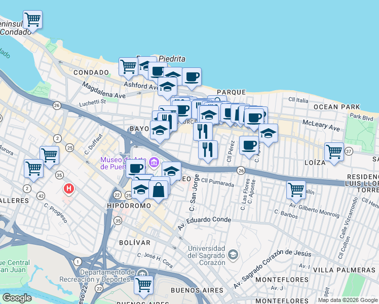 map of restaurants, bars, coffee shops, grocery stores, and more near 167 Calle del Parque in San Juan