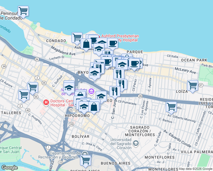 map of restaurants, bars, coffee shops, grocery stores, and more near 1511-1519 Calle Lopéz Landron in San Juan