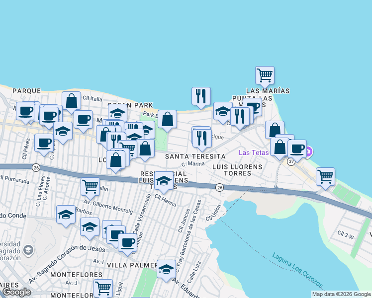 map of restaurants, bars, coffee shops, grocery stores, and more near 2150-2164 Calle Teniente Lavergne in San Juan