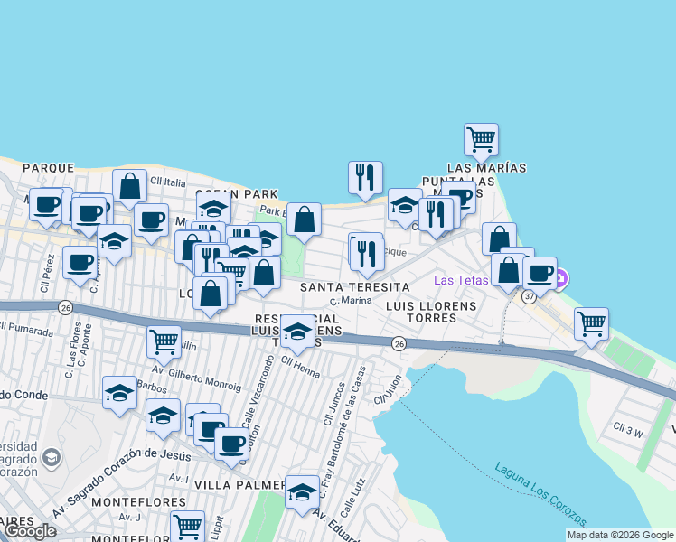 map of restaurants, bars, coffee shops, grocery stores, and more near 2150-2164 Calle Teniente Lavergne in San Juan