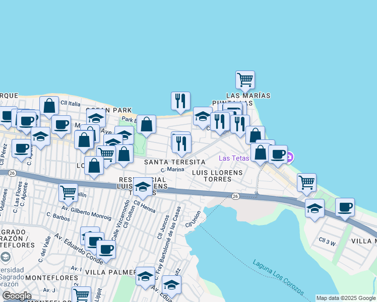 map of restaurants, bars, coffee shops, grocery stores, and more near 2265 Calle Loíza in San Juan