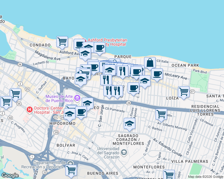 map of restaurants, bars, coffee shops, grocery stores, and more near 154-160 Calle Taft in San Juan