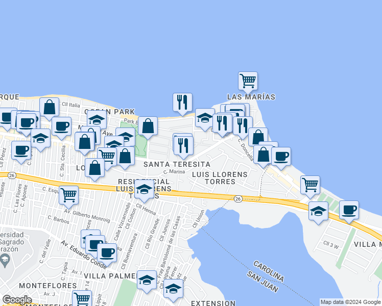 map of restaurants, bars, coffee shops, grocery stores, and more near 2265 Calle Loíza in San Juan