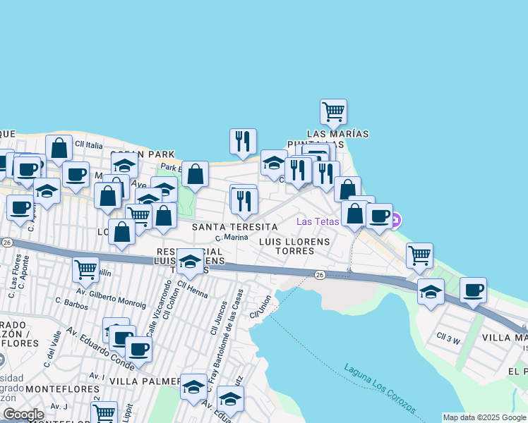 map of restaurants, bars, coffee shops, grocery stores, and more near 2265 Calle Loíza in San Juan