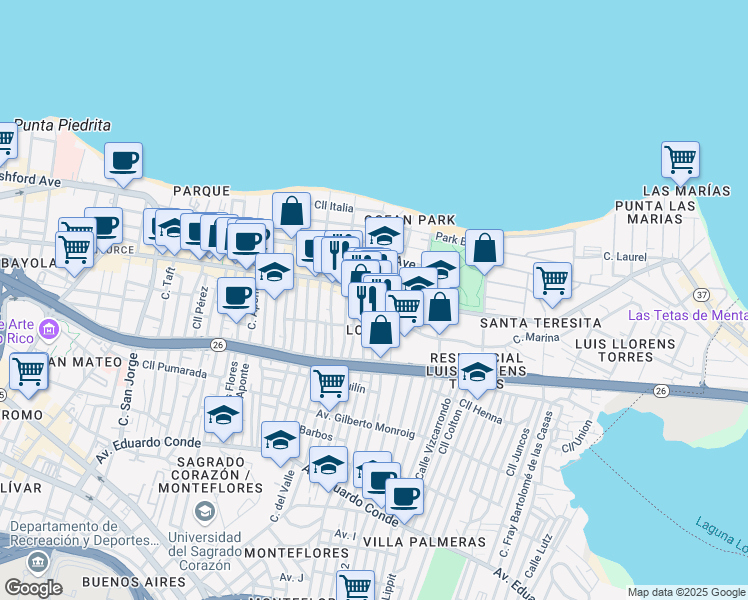 map of restaurants, bars, coffee shops, grocery stores, and more near 101 Calle Degetau in San Juan