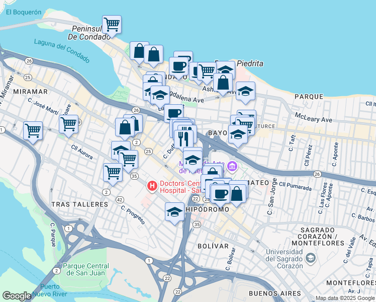 map of restaurants, bars, coffee shops, grocery stores, and more near 213 Calle Canals in San Juan
