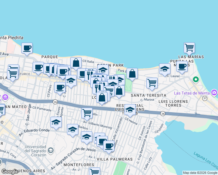 map of restaurants, bars, coffee shops, grocery stores, and more near Calle Corona in San Juan