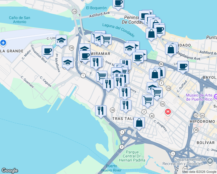 map of restaurants, bars, coffee shops, grocery stores, and more near in San Juan