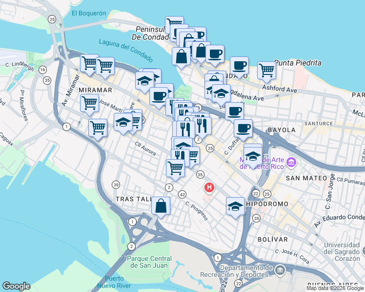 map of restaurants, bars, coffee shops, grocery stores, and more near 611 Calle Condado in San Juan