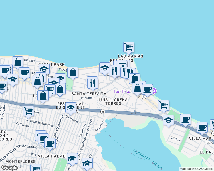 map of restaurants, bars, coffee shops, grocery stores, and more near Puerto Rico 37 in San Juan