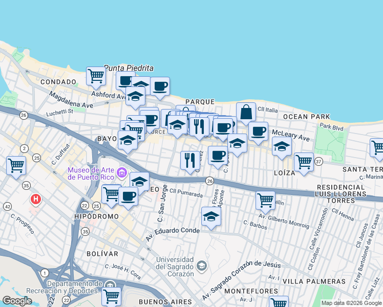 map of restaurants, bars, coffee shops, grocery stores, and more near in San Juan