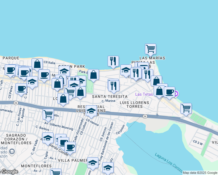 map of restaurants, bars, coffee shops, grocery stores, and more near 2203-2219 Calle McLeary in San Juan