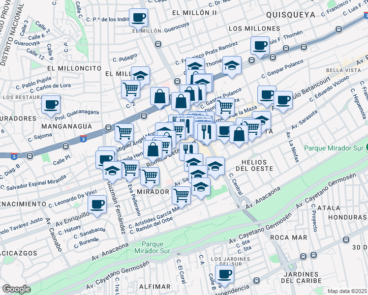 map of restaurants, bars, coffee shops, grocery stores, and more near Avenida Rómulo Betancourt in Santo Domingo