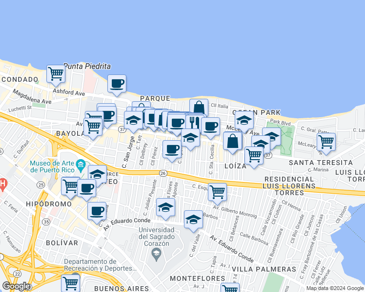 map of restaurants, bars, coffee shops, grocery stores, and more near in San Juan