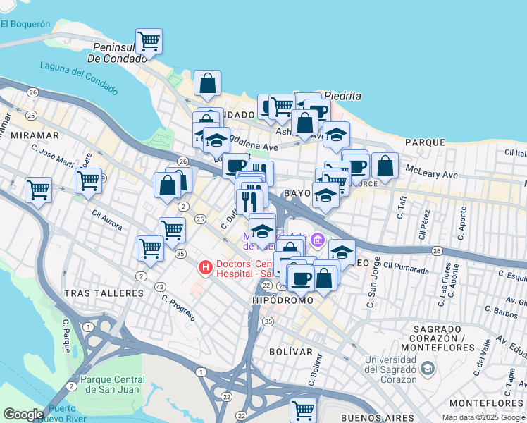 map of restaurants, bars, coffee shops, grocery stores, and more near 213 Calle Canals in San Juan