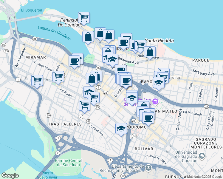 map of restaurants, bars, coffee shops, grocery stores, and more near 301-313 Calle Los Piños in San Juan