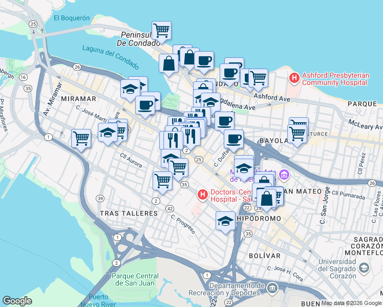 map of restaurants, bars, coffee shops, grocery stores, and more near in Ponce