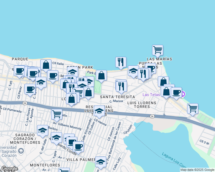 map of restaurants, bars, coffee shops, grocery stores, and more near 2160 Calle McLeary in San Juan