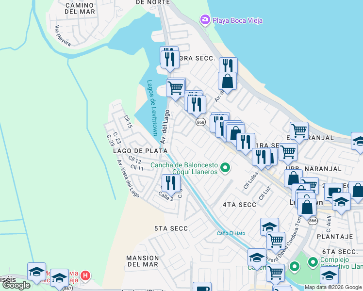 map of restaurants, bars, coffee shops, grocery stores, and more near Blvd Monroig in Toa Baja