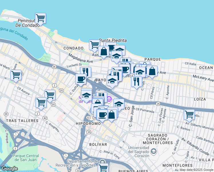 map of restaurants, bars, coffee shops, grocery stores, and more near 299 Avenida De Diego in San Juan