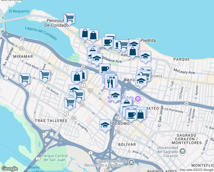 map of restaurants, bars, coffee shops, grocery stores, and more near in San Juan