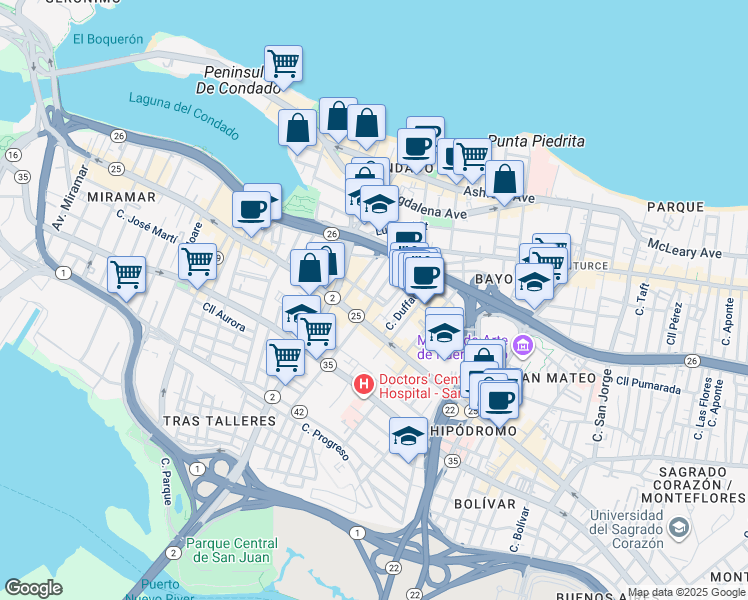 map of restaurants, bars, coffee shops, grocery stores, and more near 301-313 Calle Los Piños in San Juan