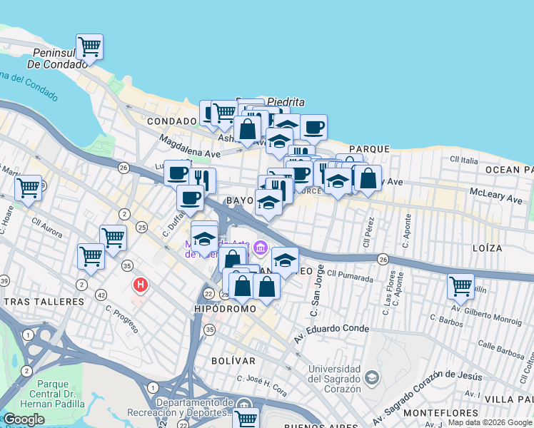 map of restaurants, bars, coffee shops, grocery stores, and more near in San Juan
