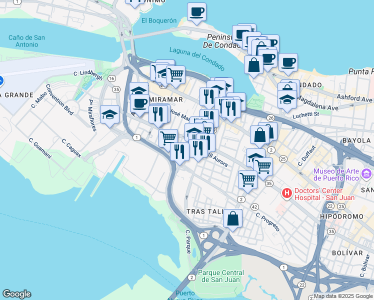 map of restaurants, bars, coffee shops, grocery stores, and more near 951-957 PR-35 in San Juan