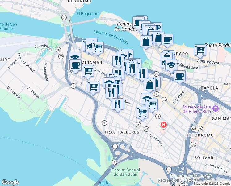 map of restaurants, bars, coffee shops, grocery stores, and more near 608 Calle Ernesto Cerra in San Juan
