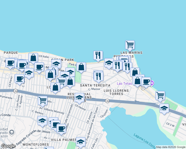 map of restaurants, bars, coffee shops, grocery stores, and more near 2200-2224 Calle General Patton in San Juan