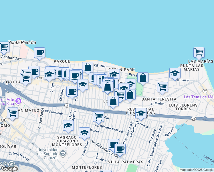 map of restaurants, bars, coffee shops, grocery stores, and more near Calle Santa Teresita in San Juan
