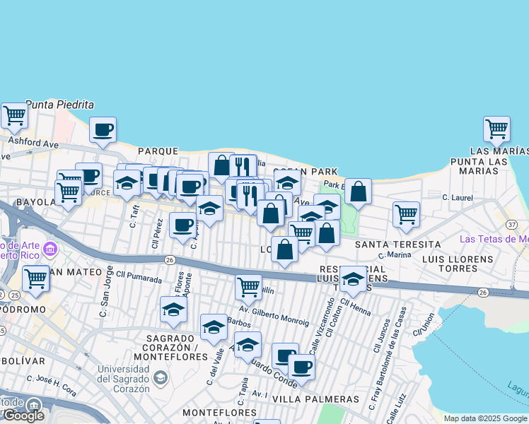 map of restaurants, bars, coffee shops, grocery stores, and more near 59 Calle Calma in San Juan