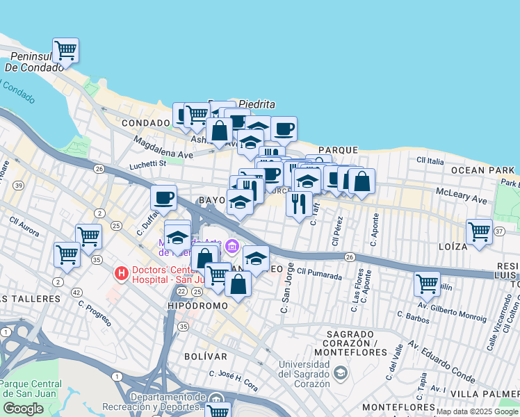 map of restaurants, bars, coffee shops, grocery stores, and more near 105 Avenida De Diego in San Juan