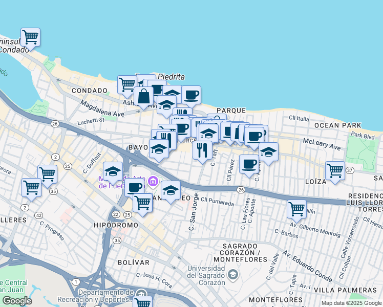 map of restaurants, bars, coffee shops, grocery stores, and more near 110 Calle del Parque in San Juan