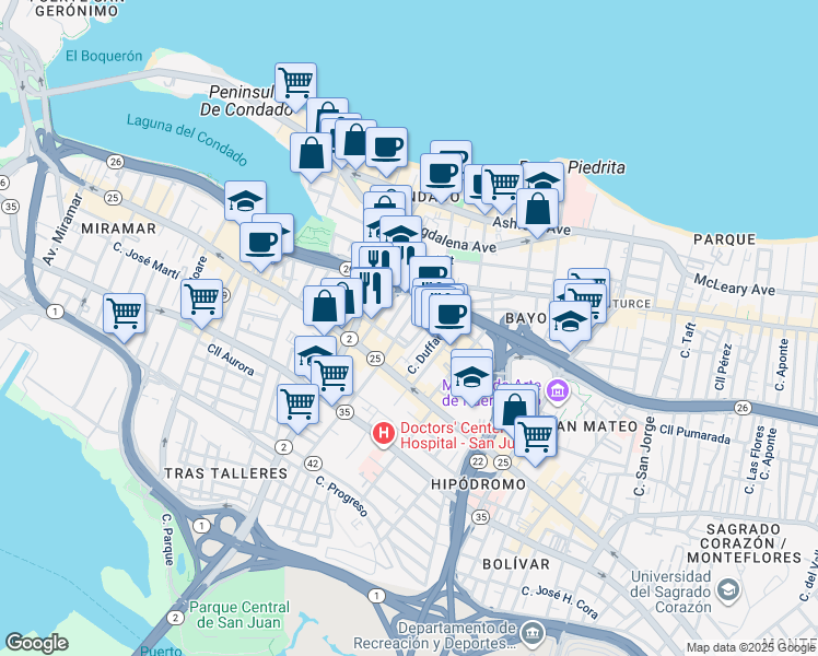 map of restaurants, bars, coffee shops, grocery stores, and more near in San Juan