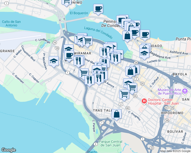 map of restaurants, bars, coffee shops, grocery stores, and more near 951-957 PR-35 in San Juan