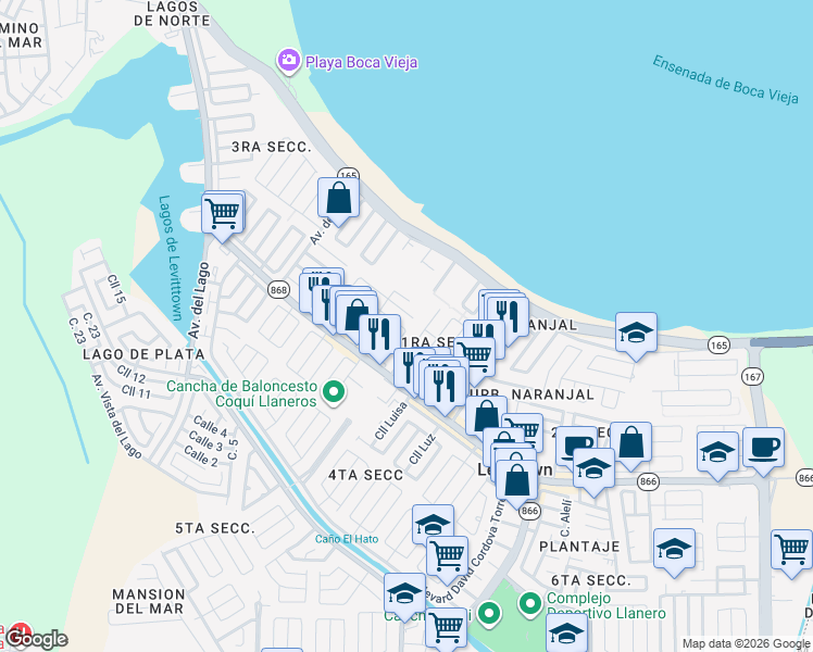 map of restaurants, bars, coffee shops, grocery stores, and more near 1354-1358 Paseo Duey in Toa Baja