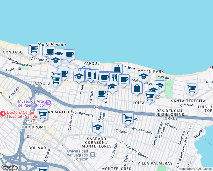 map of restaurants, bars, coffee shops, grocery stores, and more near in San Juan