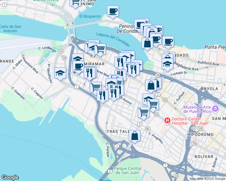 map of restaurants, bars, coffee shops, grocery stores, and more near Puerto Rico 35 in San Juan